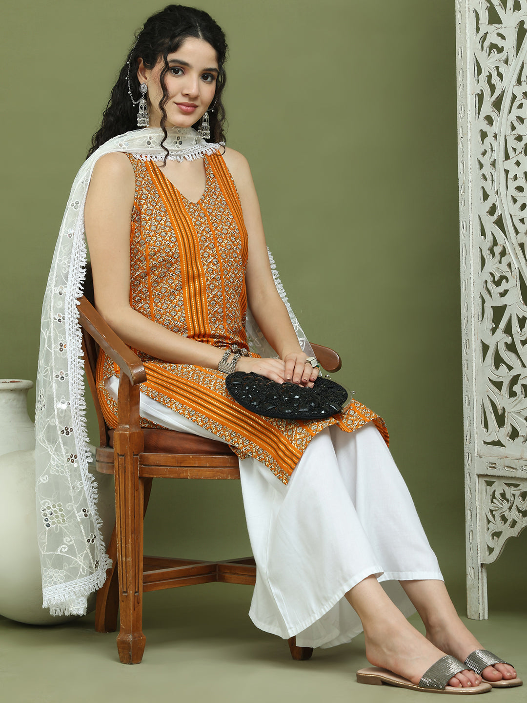 Foil Printed Rayon Kurta Palazzos & Dupatta for Women ( JOKPL 2137W D67W 1575 Yellow )