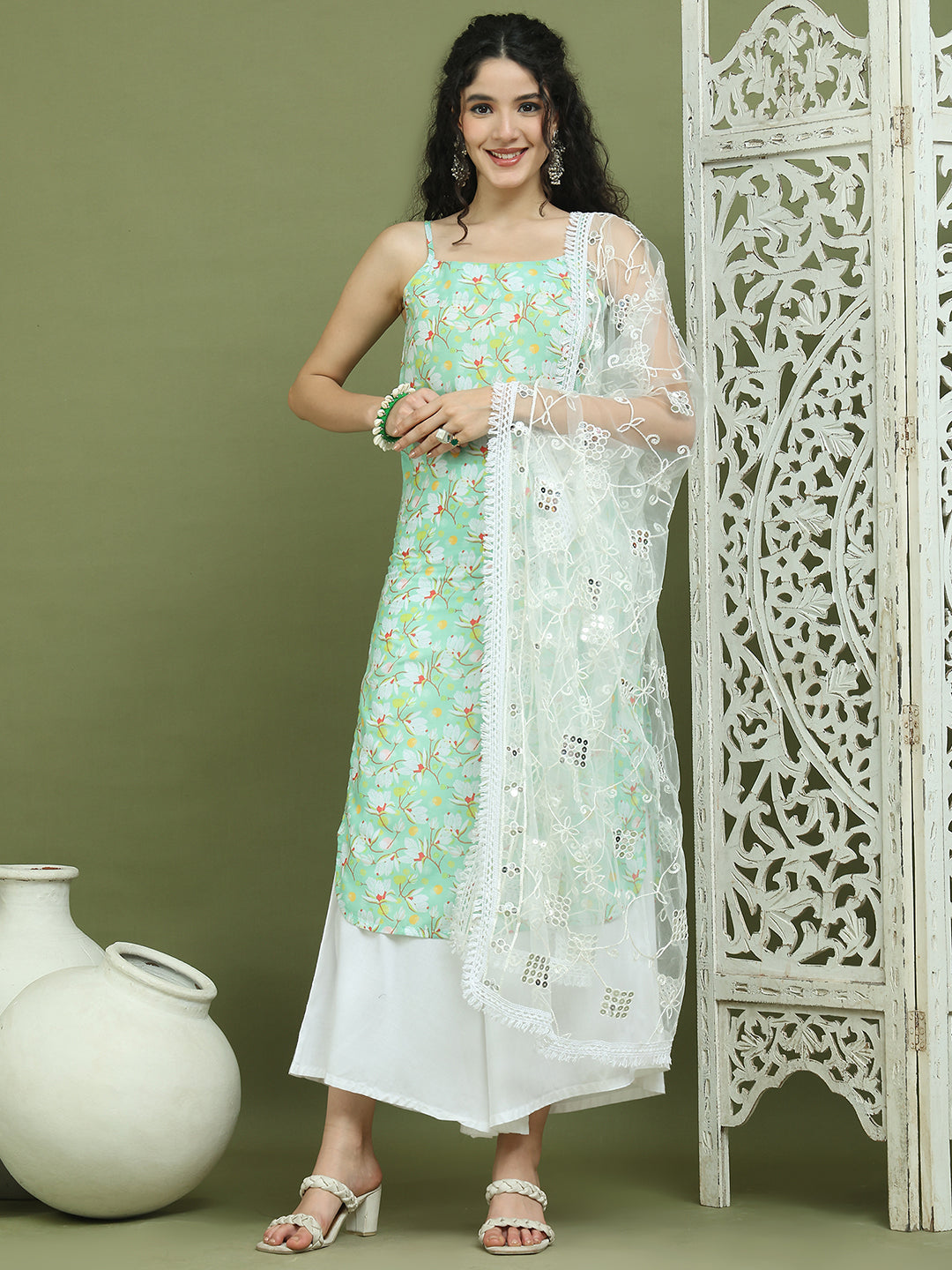 Floral Printed Rayon Kurta Palazzos with Dupatta ( JOKPL 2137W D67W 1578 Green )