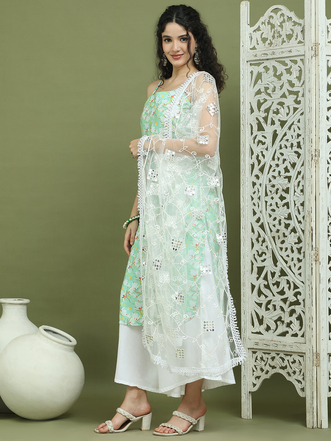 Floral Printed Rayon Kurta Palazzos with Dupatta ( JOKPL 2137W D67W 1578 Green )