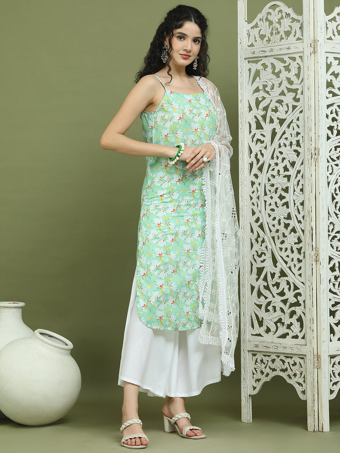 Floral Printed Rayon Kurta Palazzos with Dupatta ( JOKPL 2137W D67W 1578 Green )
