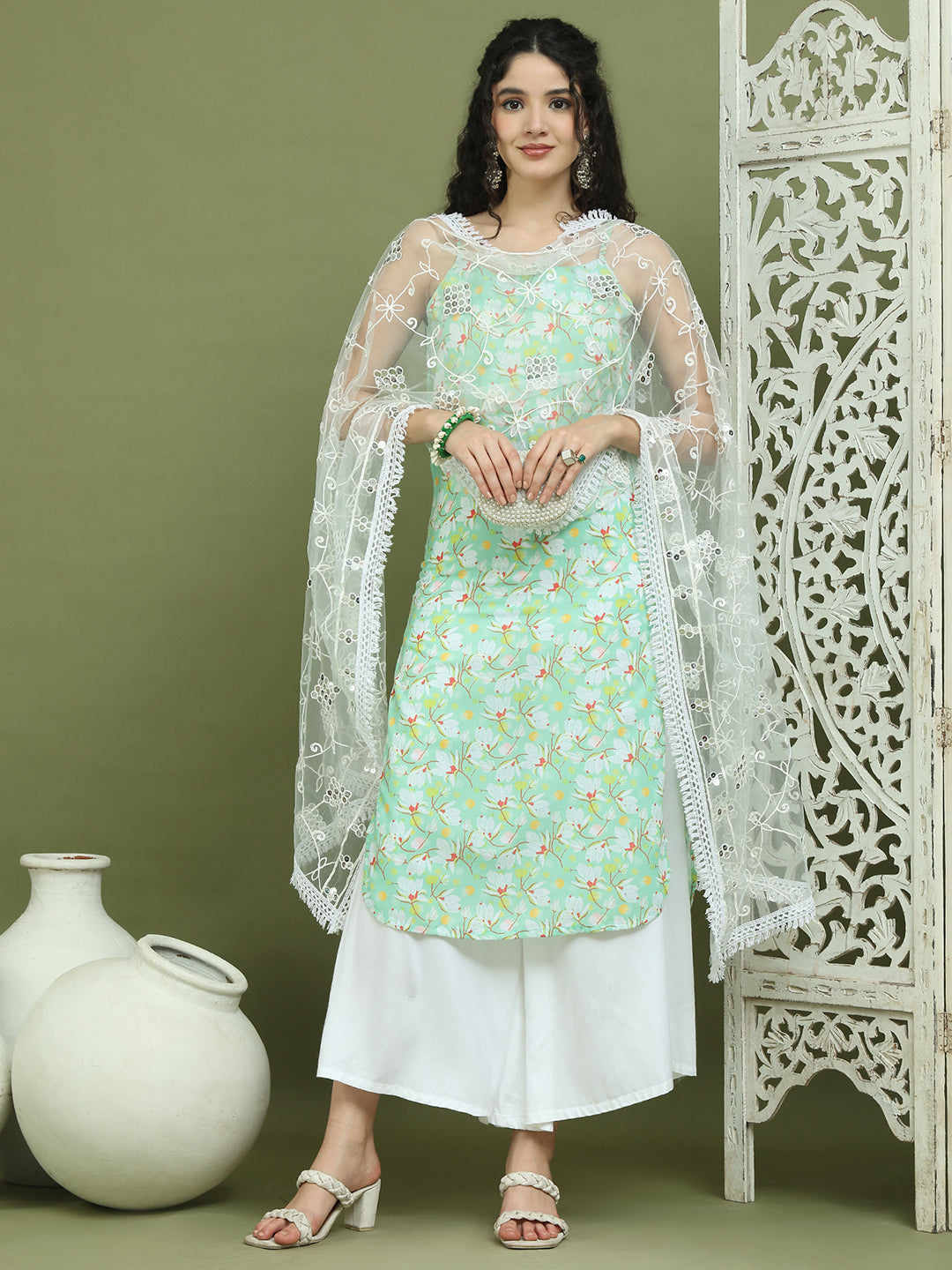Floral Printed Rayon Kurta Palazzos with Dupatta ( JOKPL 2137W D67W 1578 Green )