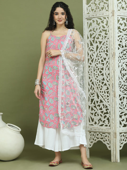 Floral Printed Rayon Kurta Palazzos with Dupatta ( JOKPL 2137W D67W 1578 Pink )