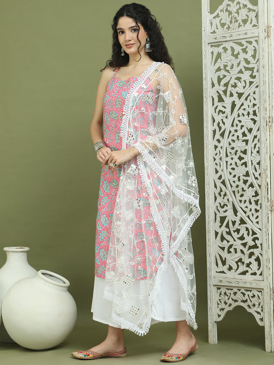 Floral Printed Rayon Kurta Palazzos with Dupatta ( JOKPL 2137W D67W 1578 Pink )