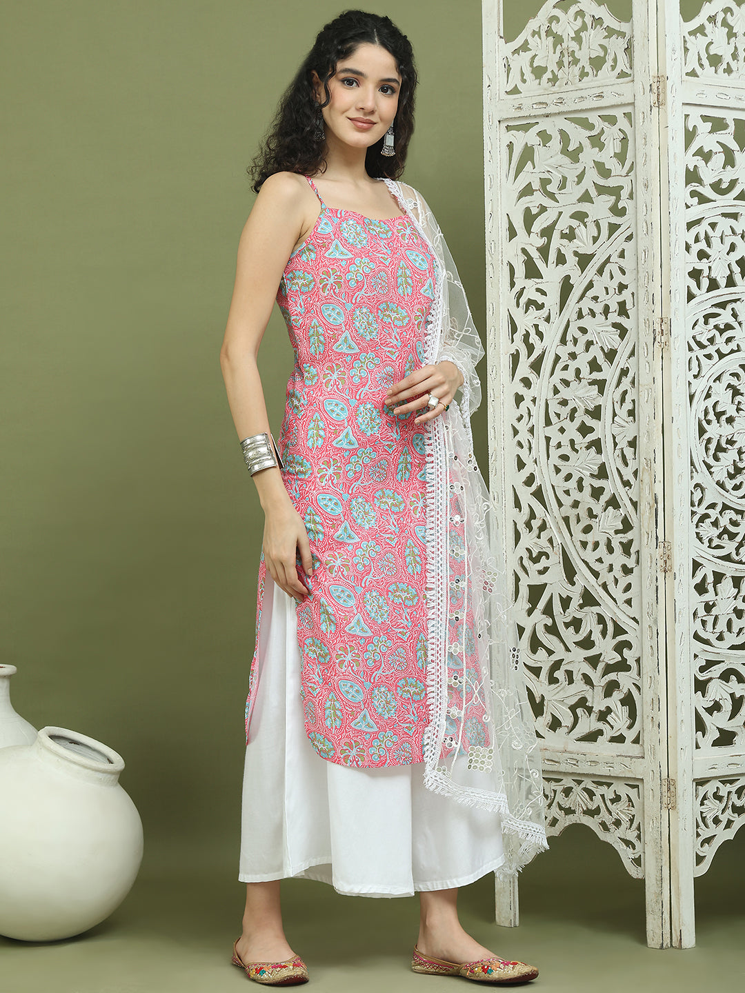 Floral Printed Rayon Kurta Palazzos with Dupatta ( JOKPL 2137W D67W 1578 Pink )