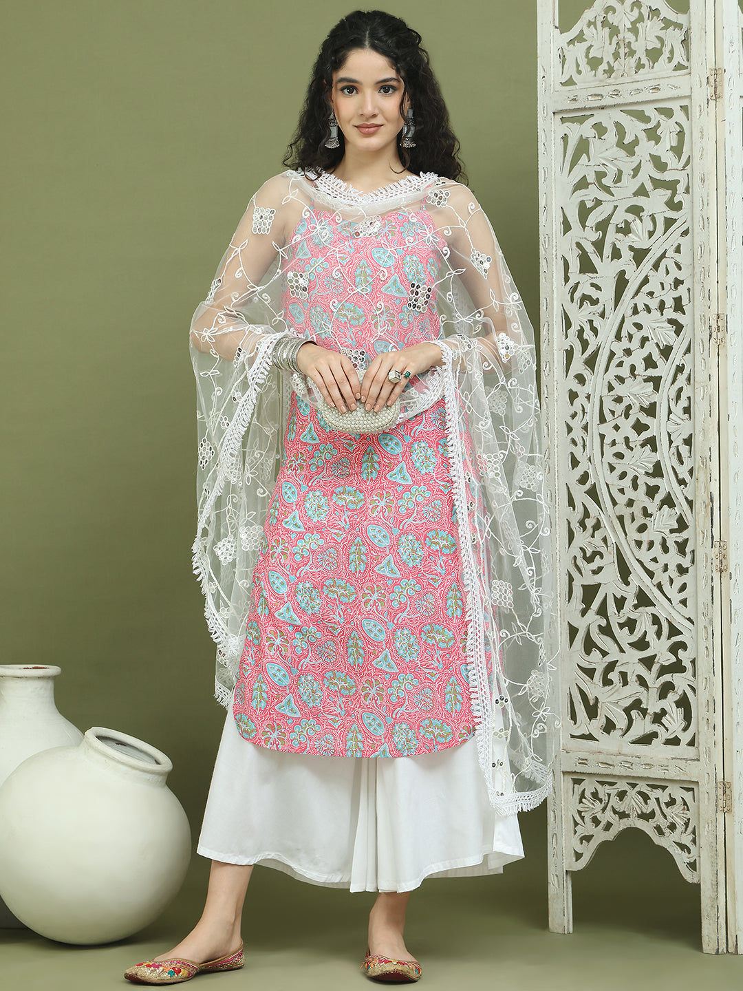 Floral Printed Rayon Kurta Palazzos with Dupatta ( JOKPL 2137W D67W 1578 Pink )