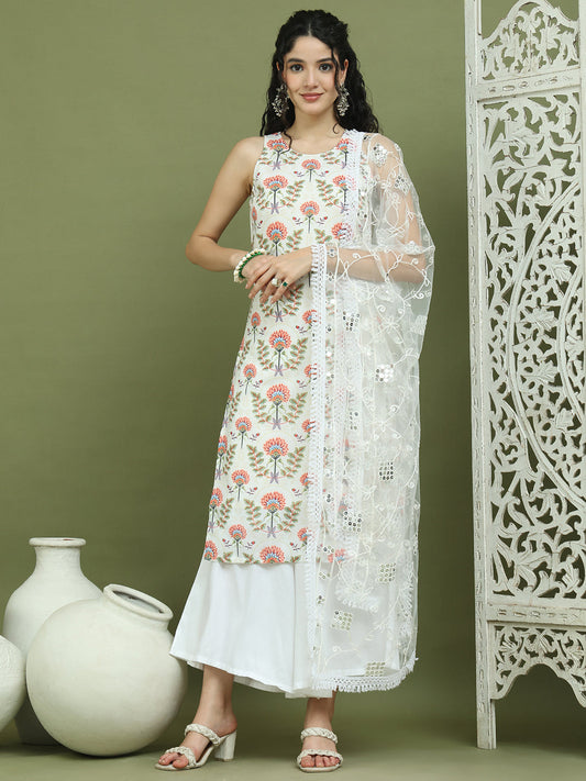 Printed Rayon Kurta Palazzo & Dupatta ( JOKPL 2137W D67W 1580 Ivory )