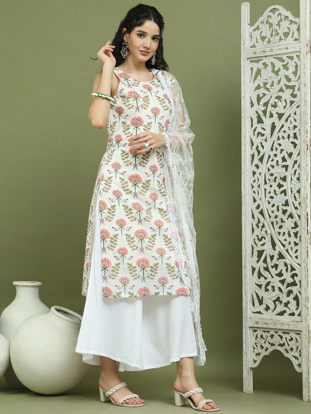 Printed Rayon Kurta Palazzo & Dupatta ( JOKPL 2137W D67W 1580 Ivory )