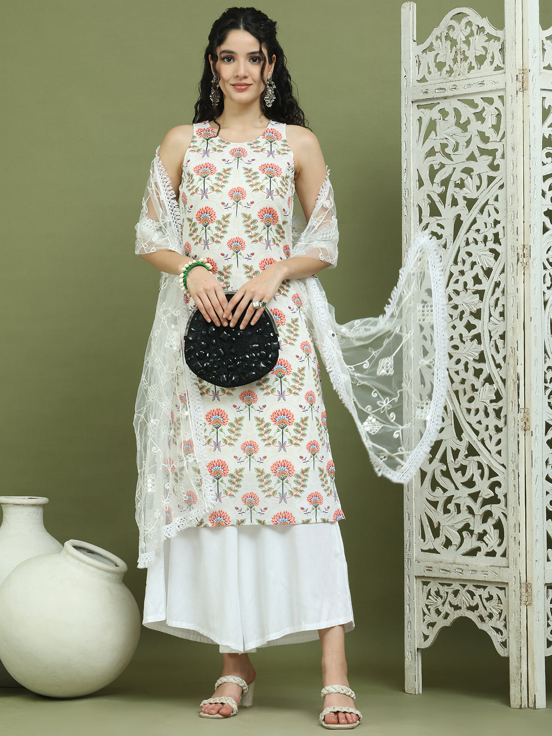 Printed Rayon Kurta Palazzo & Dupatta ( JOKPL 2137W D67W 1580 Ivory )
