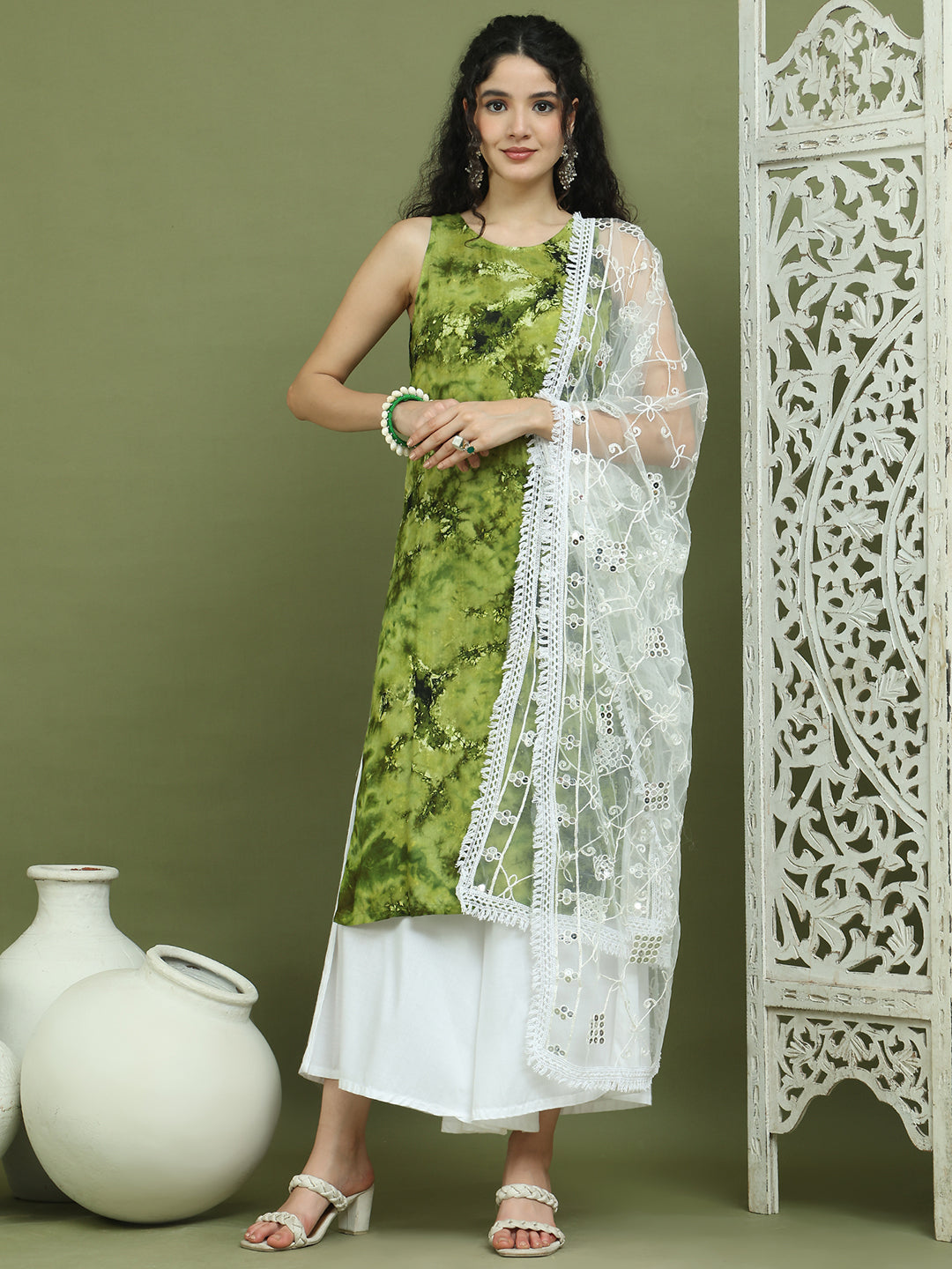 Printed Rayon Kurta Palazzo & Dupatta ( JOKPL 2137W D67W 1580 Olive )