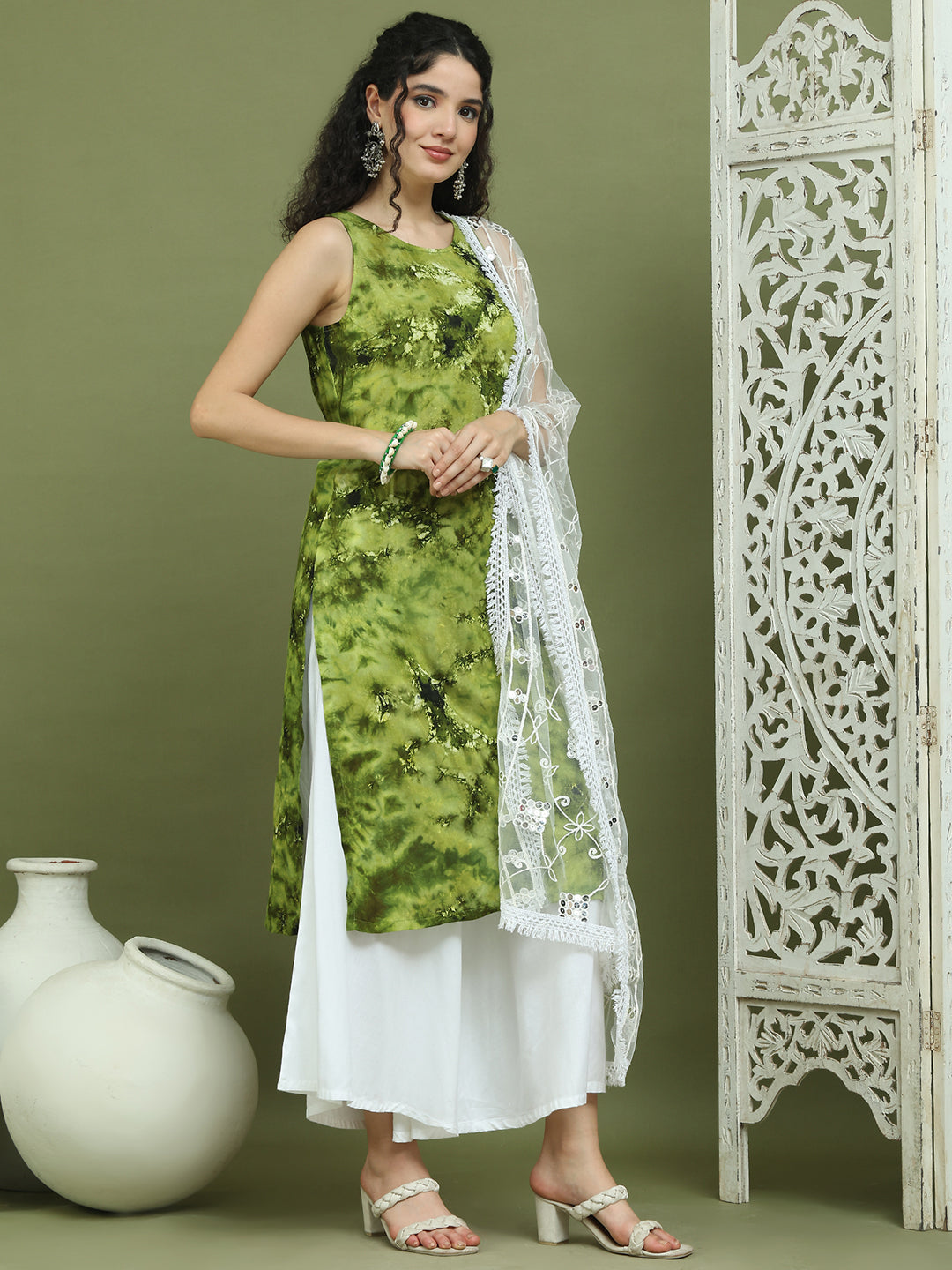 Printed Rayon Kurta Palazzo & Dupatta ( JOKPL 2137W D67W 1580 Olive )