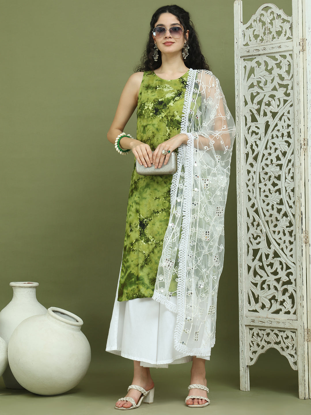 Printed Rayon Kurta Palazzo & Dupatta ( JOKPL 2137W D67W 1580 Olive )