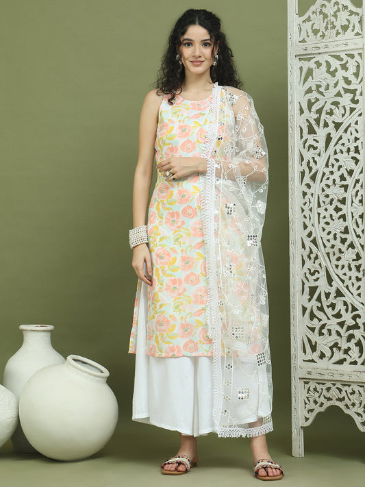 Printed Rayon Kurta Palazzo & Dupatta ( JOKPL 2137W D67W 1580 Sky )