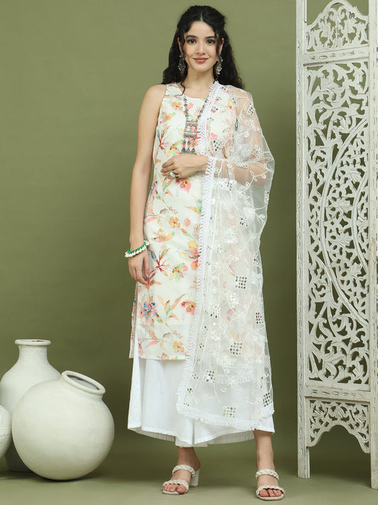 Printed Rayon Kurta Palazzo & Dupatta ( JOKPL 2137W D67W 1580 White )