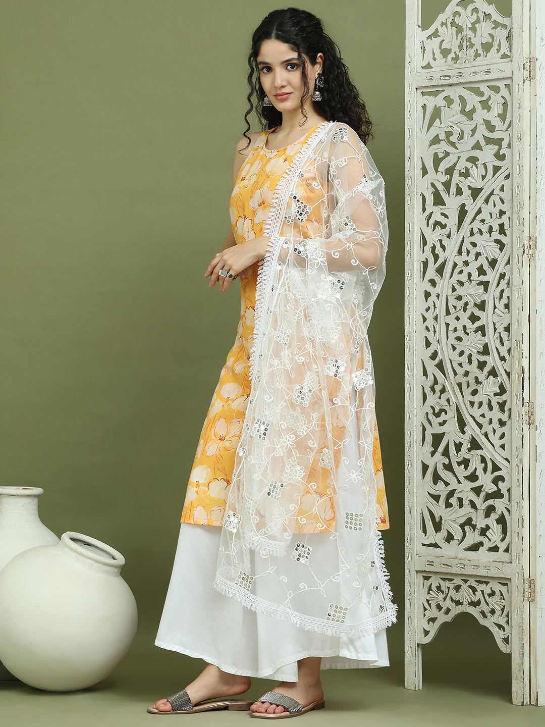 Printed Rayon Kurta Palazzo & Dupatta ( JOKPL 2137W D67W 1580 Yellow )