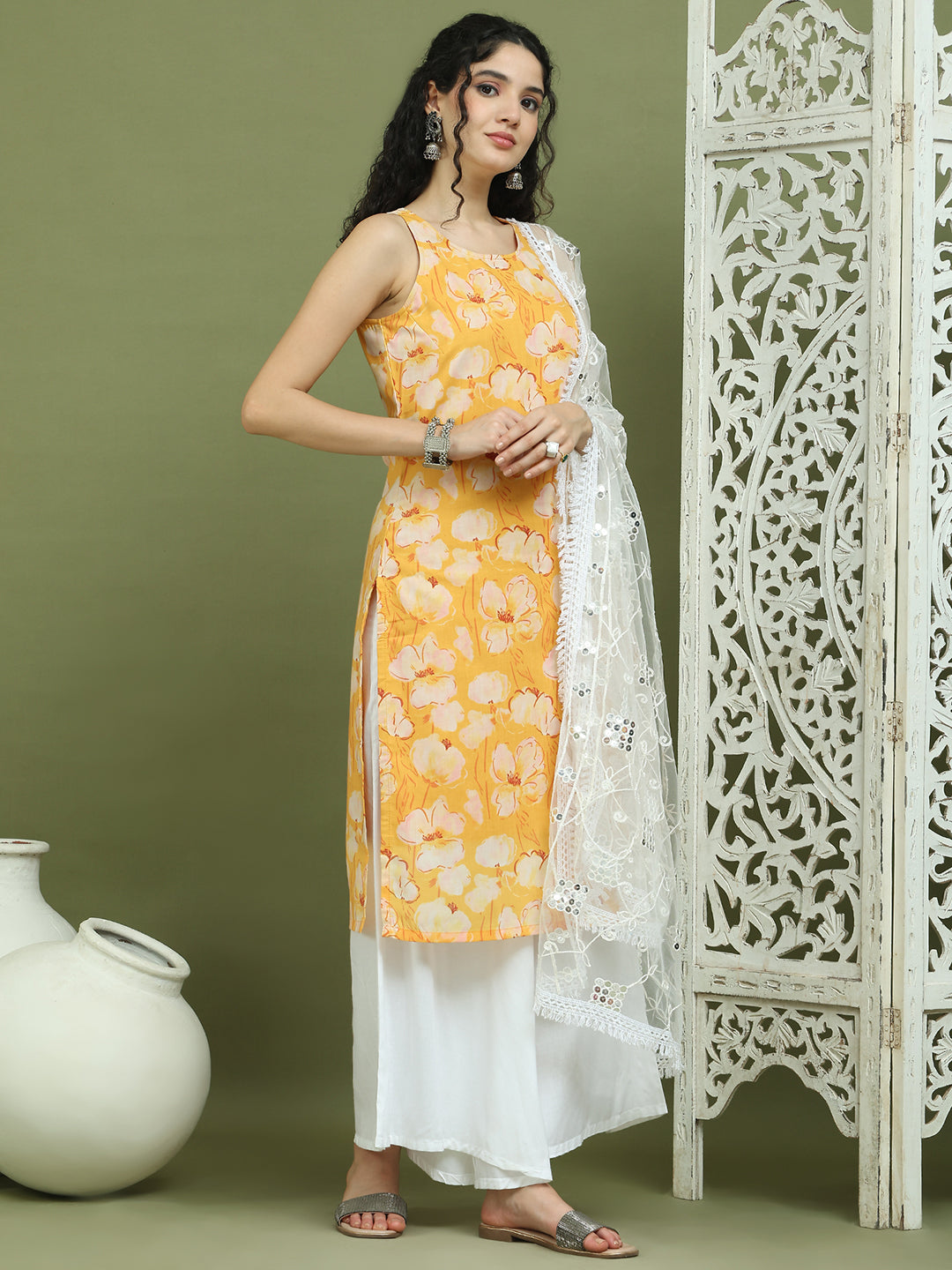 Printed Rayon Kurta Palazzo & Dupatta ( JOKPL 2137W D67W 1580 Yellow )