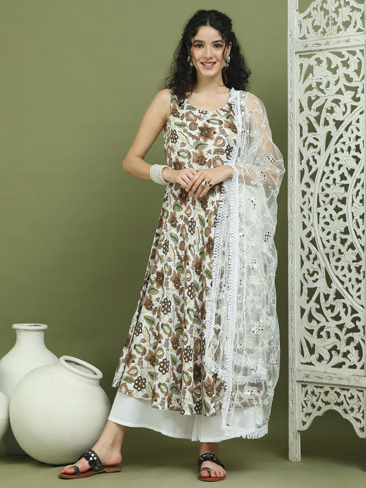 Foil Printed flared kurta pallazos With Dupatta ( JOKPL 2137W D67W 1581 Brown )