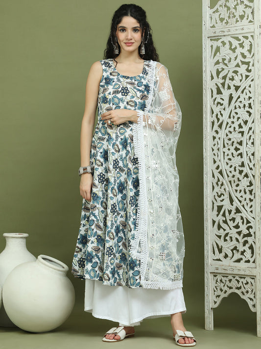 Foil Printed flared kurta pallazos With Dupatta ( JOKPL 2137W D67W 1581 Navy )
