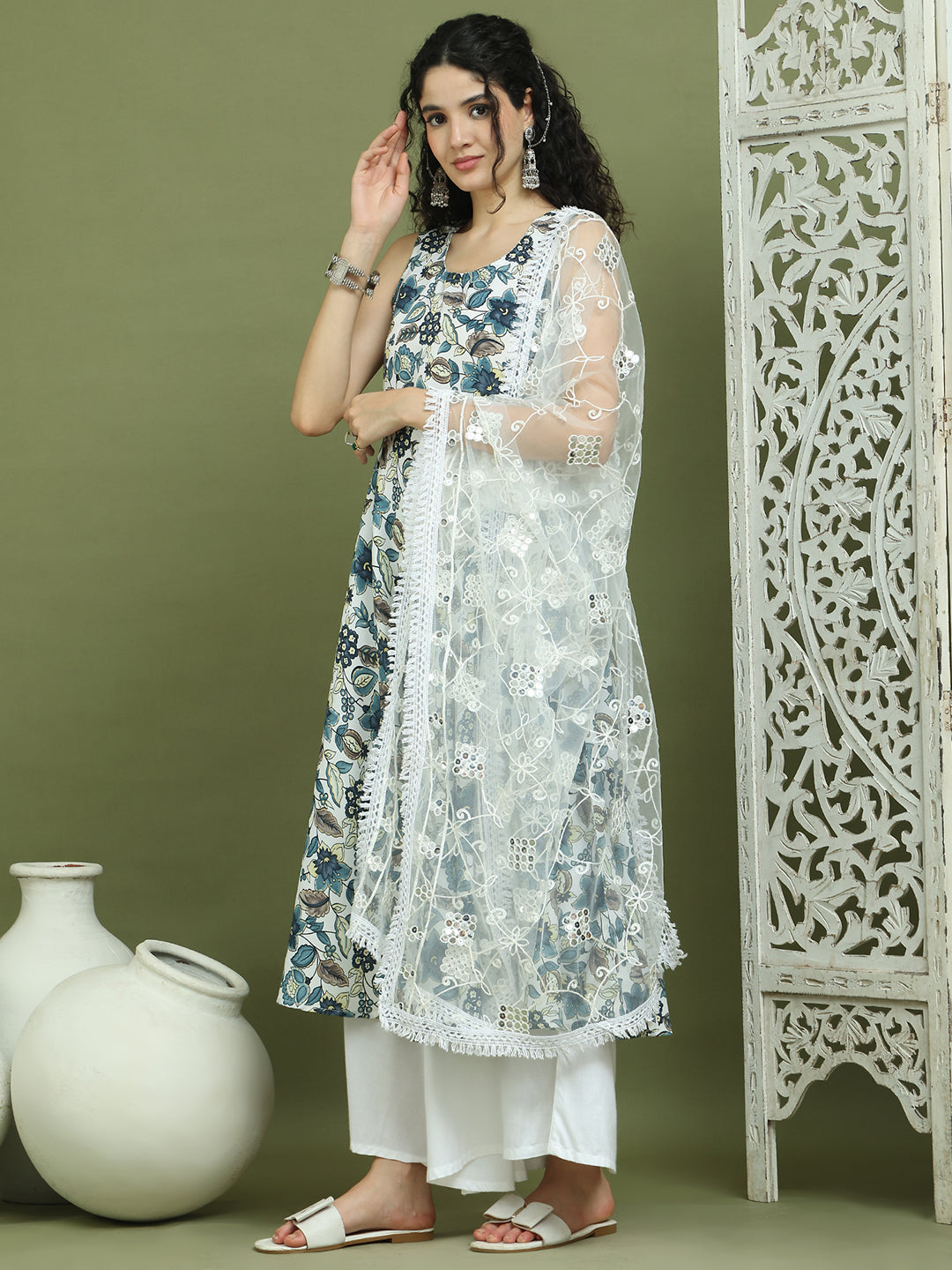 Foil Printed flared kurta pallazos With Dupatta ( JOKPL 2137W D67W 1581 Navy )