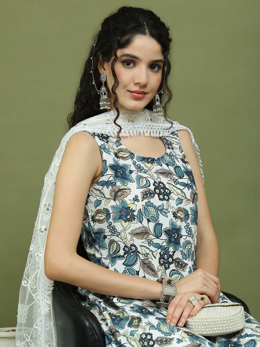 Foil Printed flared kurta pallazos With Dupatta ( JOKPL 2137W D67W 1581 Navy )