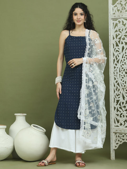 Screen Printed Pure Cotton Kurta Palazzos with Dupatta ( JOKPL 2137W D67W 1582 Navy )