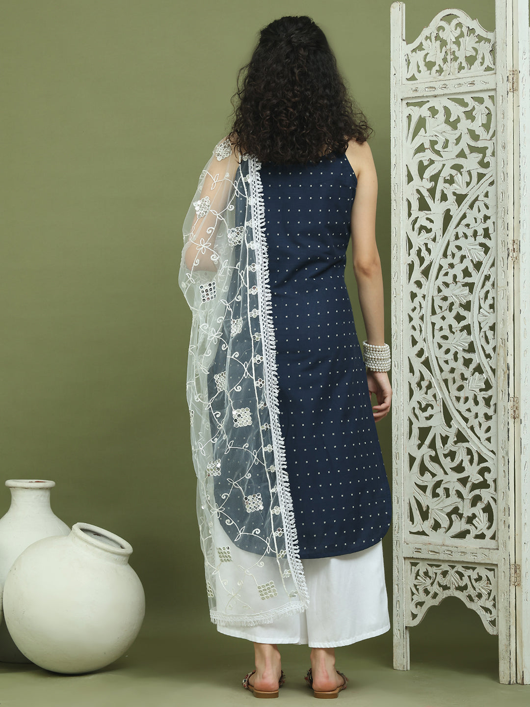 Screen Printed Pure Cotton Kurta Palazzos with Dupatta ( JOKPL 2137W D67W 1582 Navy )