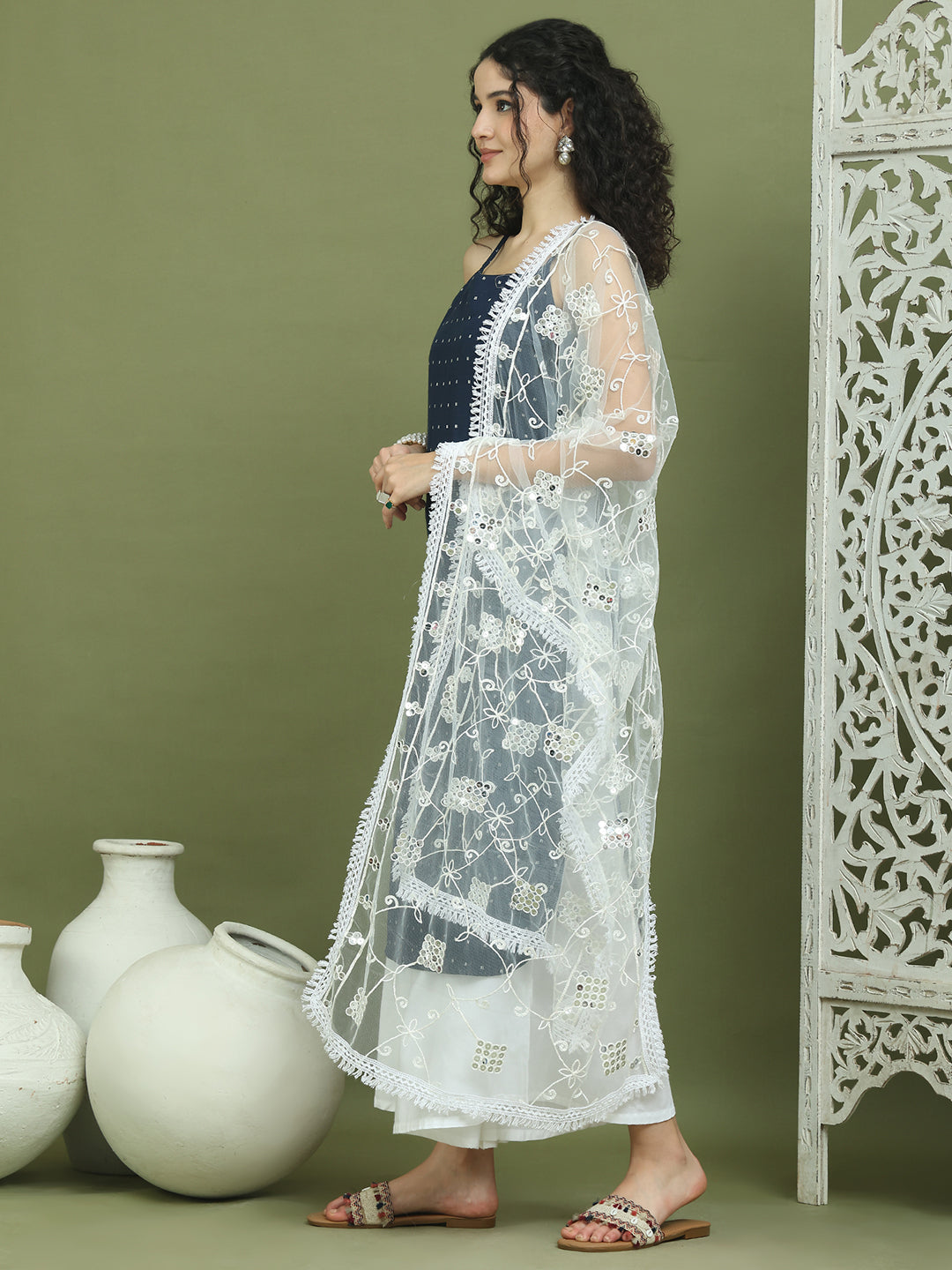Screen Printed Pure Cotton Kurta Palazzos with Dupatta ( JOKPL 2137W D67W 1582 Navy )