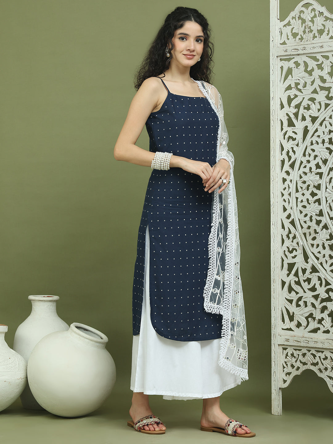 Screen Printed Pure Cotton Kurta Palazzos with Dupatta ( JOKPL 2137W D67W 1582 Navy )