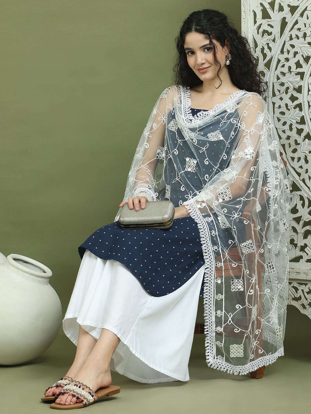 Screen Printed Pure Cotton Kurta Palazzos with Dupatta ( JOKPL 2137W D67W 1582 Navy )