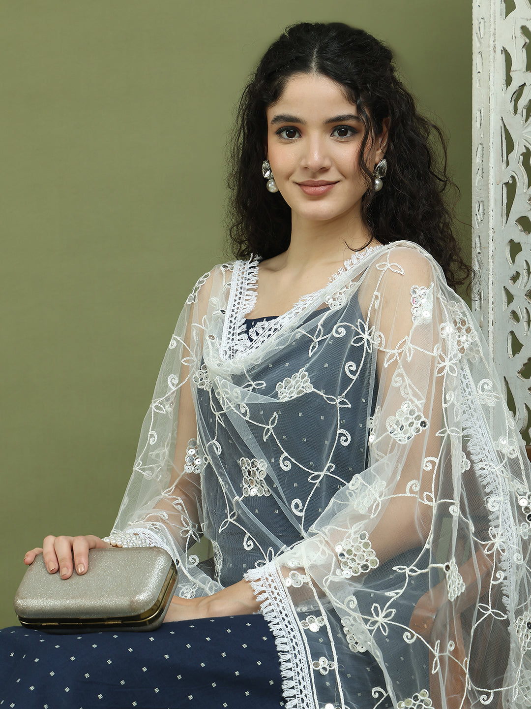 Screen Printed Pure Cotton Kurta Palazzos with Dupatta ( JOKPL 2137W D67W 1582 Navy )