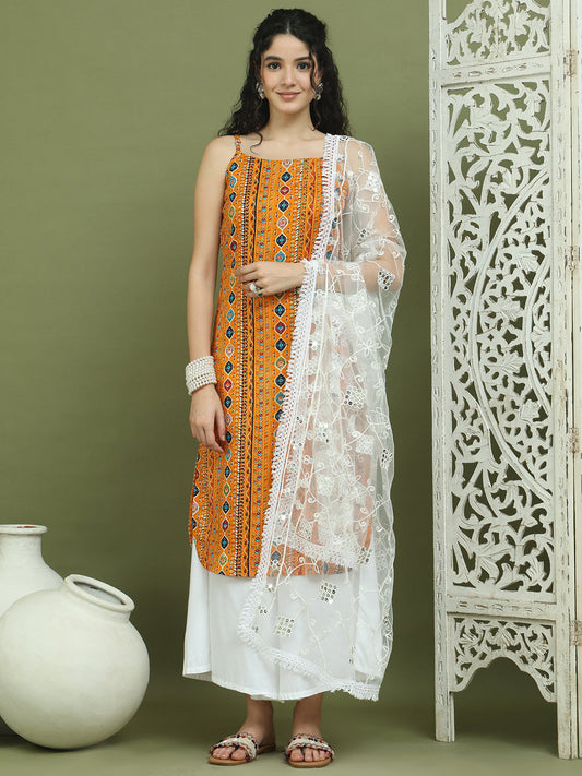 Foil Printed Rayon Kurta Palazzos With Dupatta ( JOKPL 2137W D67W 1583 Mustard )