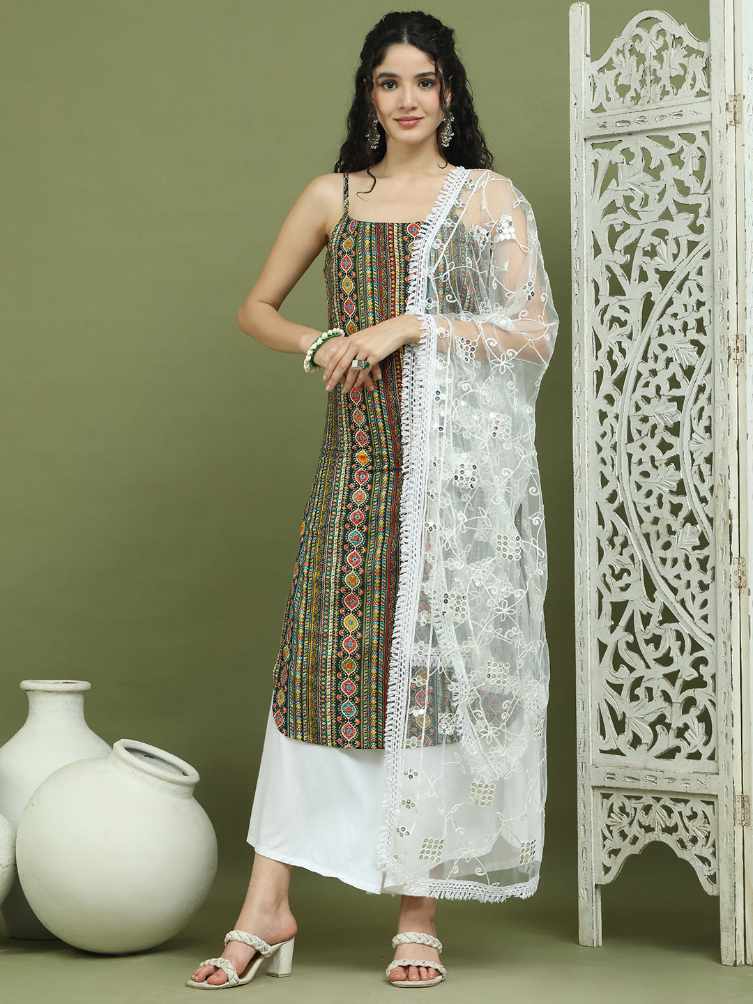 Foil Printed Rayon Kurta Palazzos With Dupatta ( JOKPL 2137W D67W 1583 Olive )