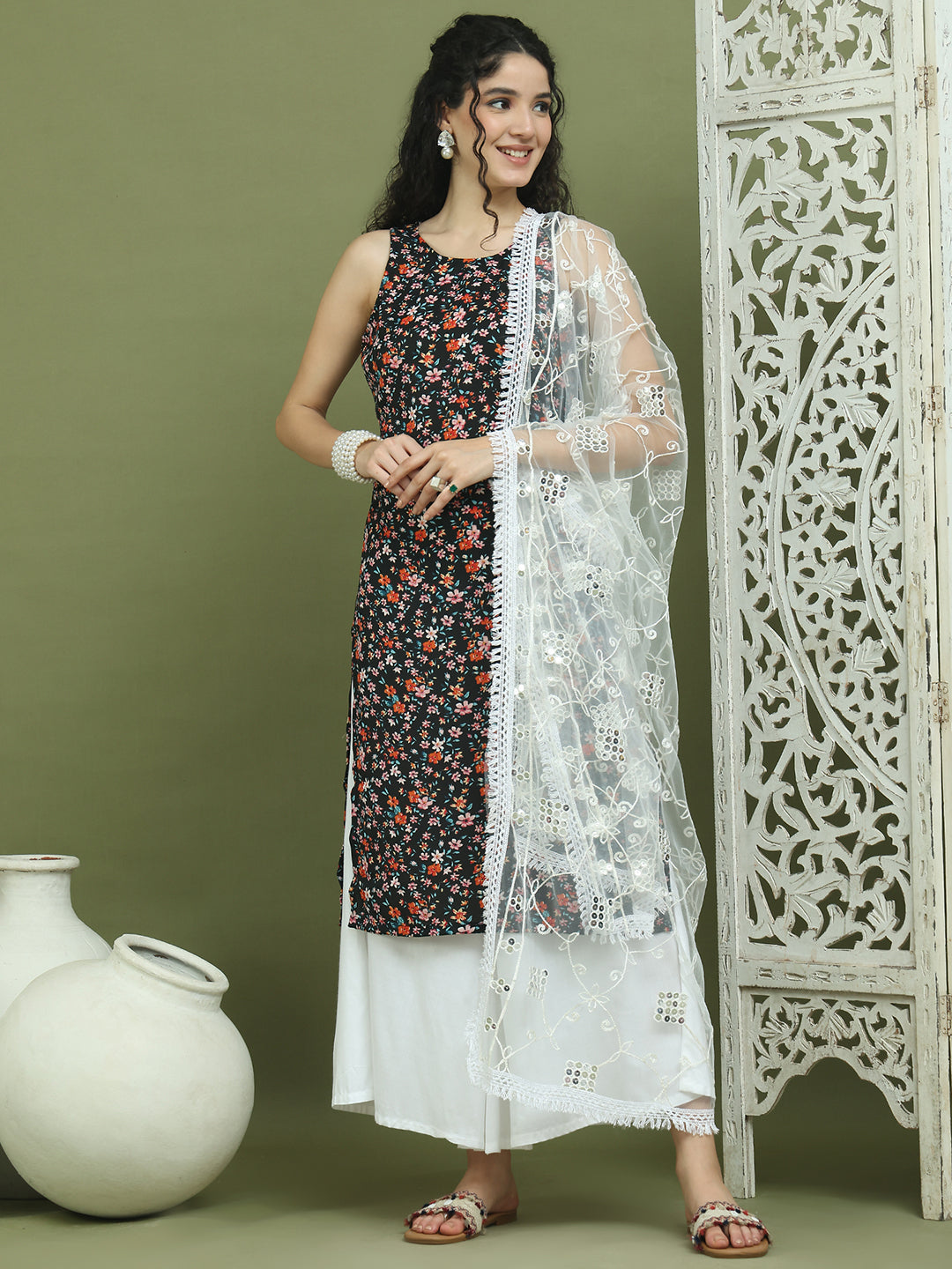 Floral Printed Rayon Kurta Palazzo Set ( JOKPL 2137W D67W 1584 Black )