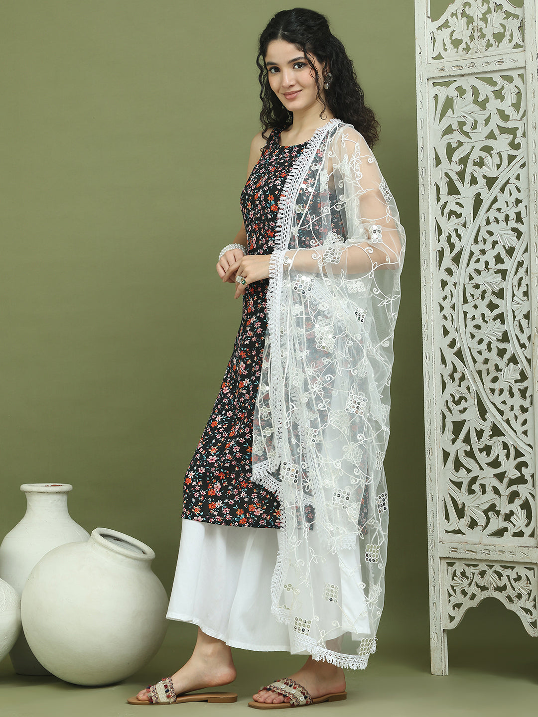 Floral Printed Rayon Kurta Palazzo Set ( JOKPL 2137W D67W 1584 Black )