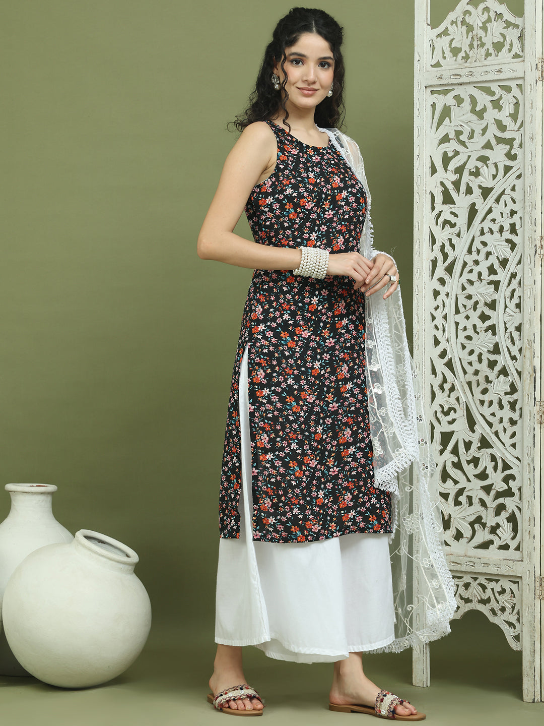 Floral Printed Rayon Kurta Palazzo Set ( JOKPL 2137W D67W 1584 Black )