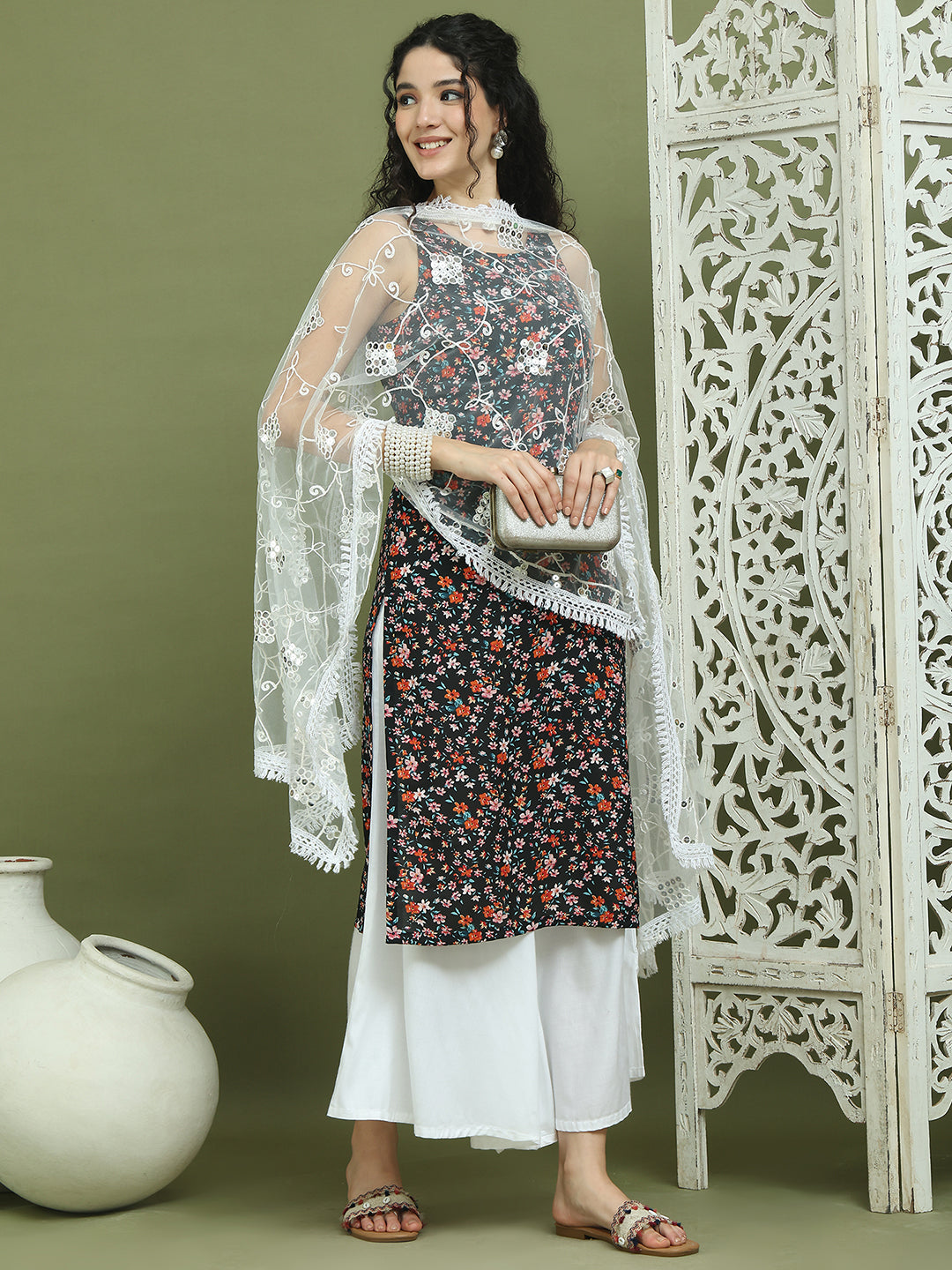 Floral Printed Rayon Kurta Palazzo Set ( JOKPL 2137W D67W 1584 Black )