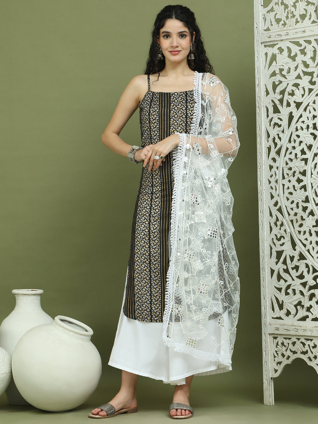 Foil Printed Rayon Kurta Palazzo Dupatta ( JOKPL 2137W D67W 1586 Black )