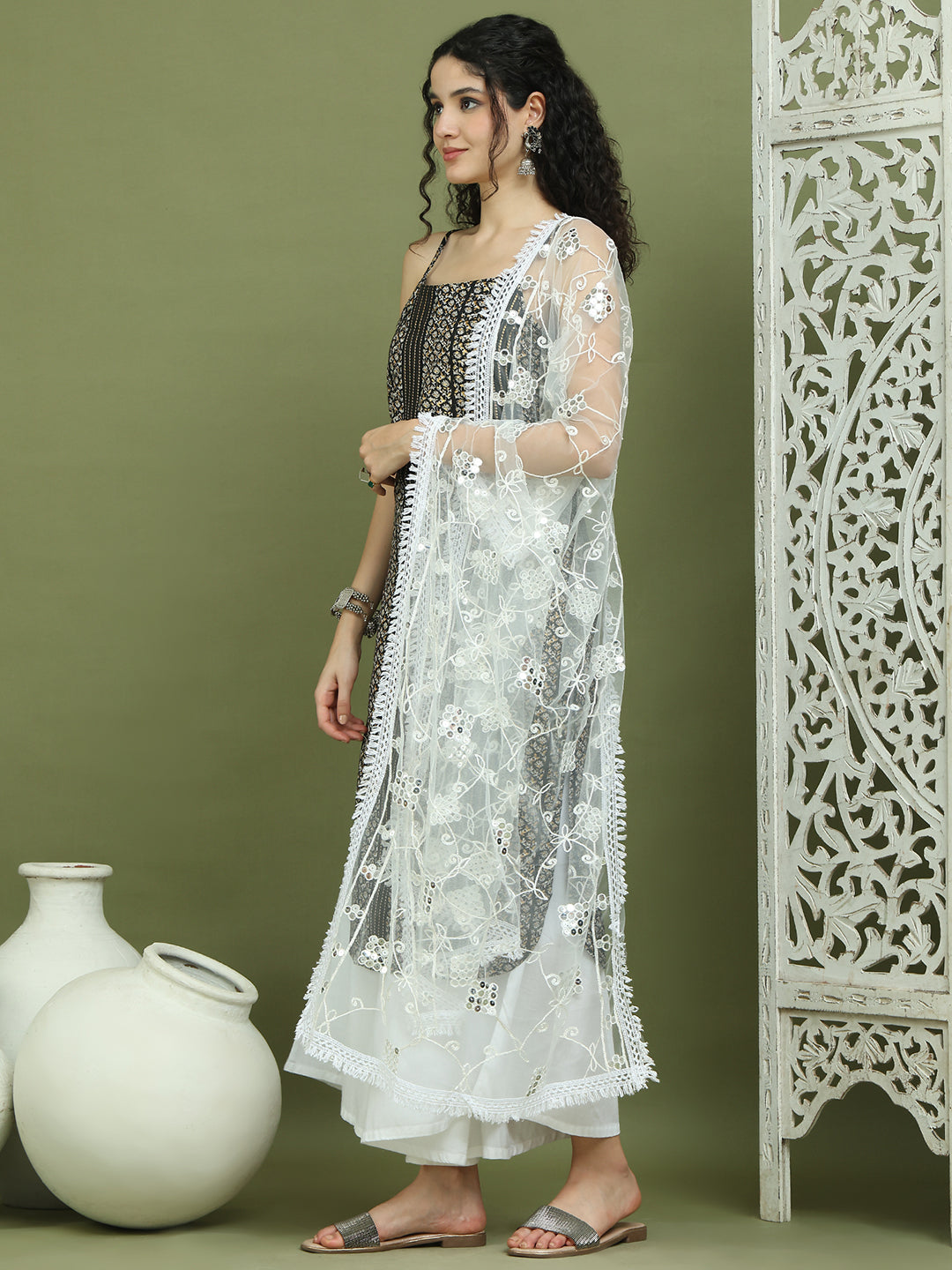 Foil Printed Rayon Kurta Palazzo Dupatta ( JOKPL 2137W D67W 1586 Black )