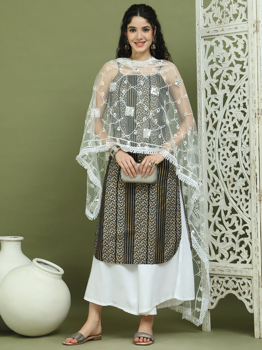 Foil Printed Rayon Kurta Palazzo Dupatta ( JOKPL 2137W D67W 1586 Black )