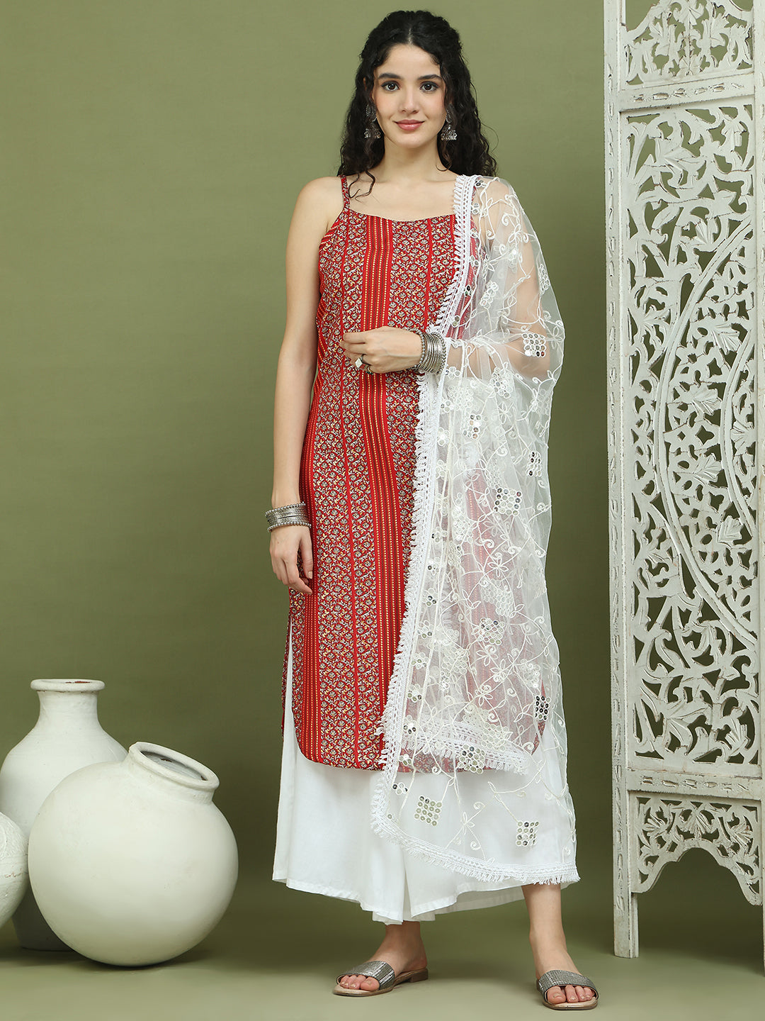 Foil Printed Rayon Kurta Palazzo Dupatta ( JOKPL 2137W D67W 1586 Red )