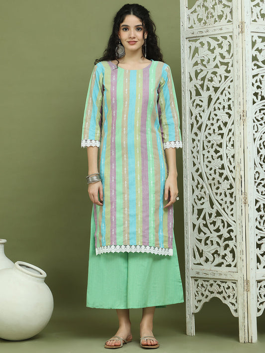Lace Work, Woven Design straight Kurta With Palazzo ( JOKPL 2138G 1589 Green )