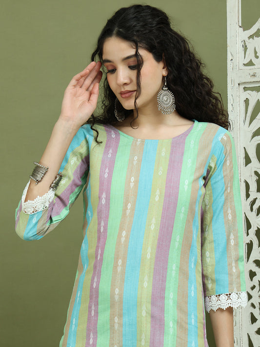 Lace Work, Woven Design straight Kurtas for Women ( JOK 1589 Green )