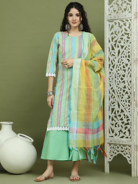 Lace Work, Woven Design straight Kurta Palazzo Dupatta Set ( JOKPL 2138G D70Mul 1589 Green )