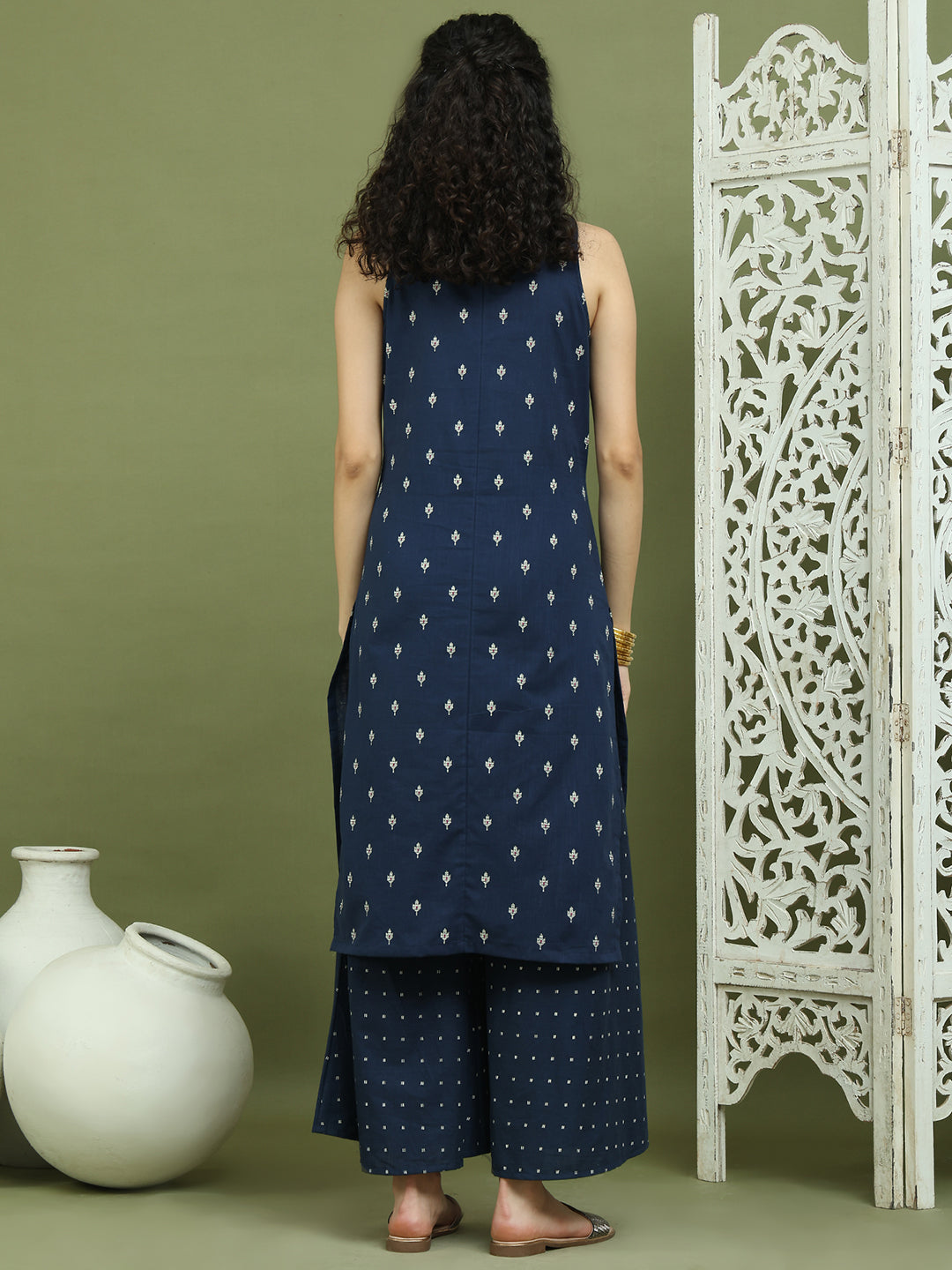 Printed Cotton Kurta Palazzo Set ( JOKPL 2138N 1585 Navy )
