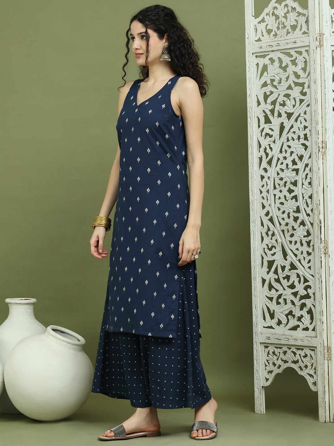 Printed Cotton Kurta Palazzo Set ( JOKPL 2138N 1585 Navy )
