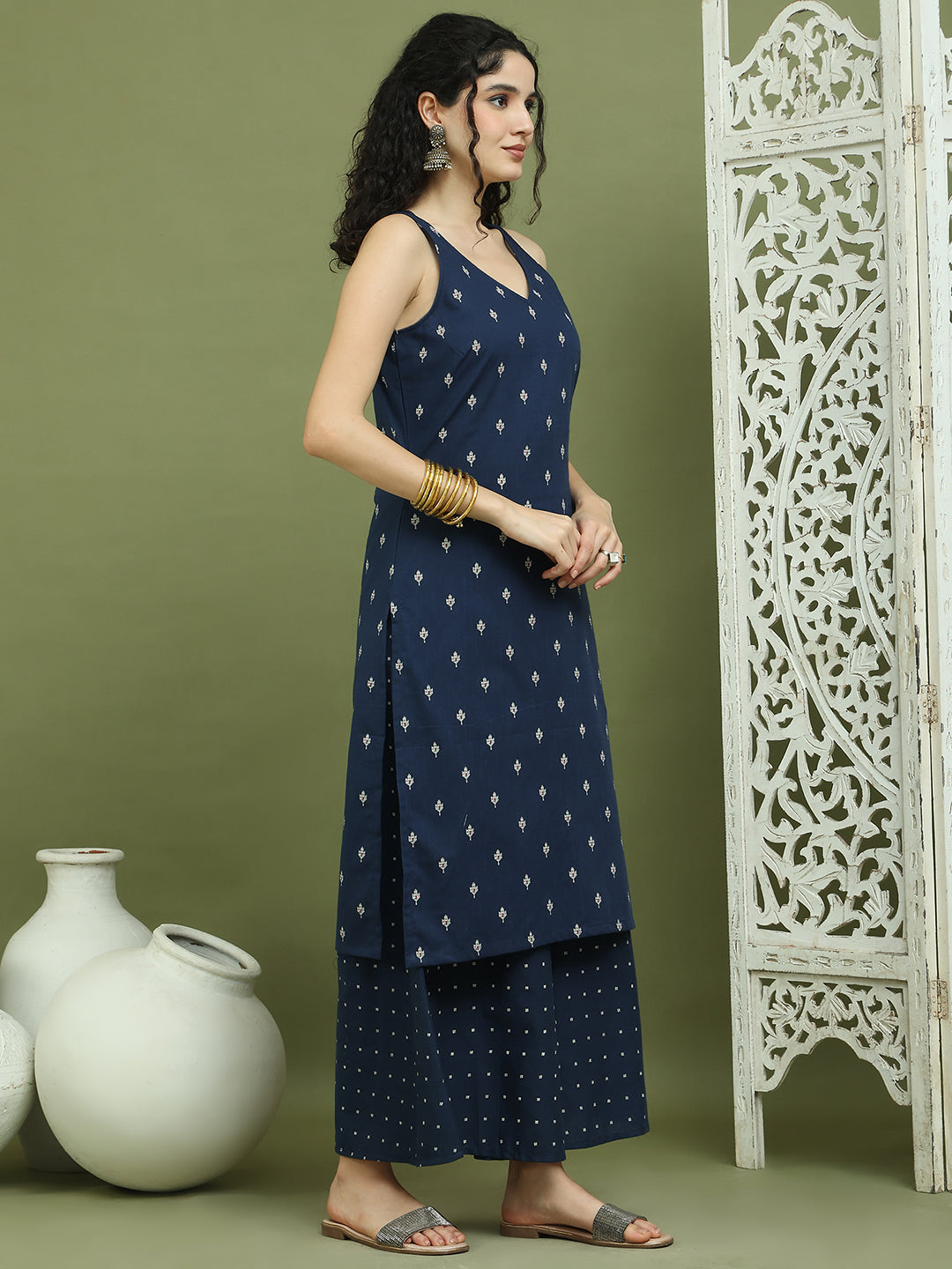 Printed Cotton Kurta Palazzo Set ( JOKPL 2138N 1585 Navy )