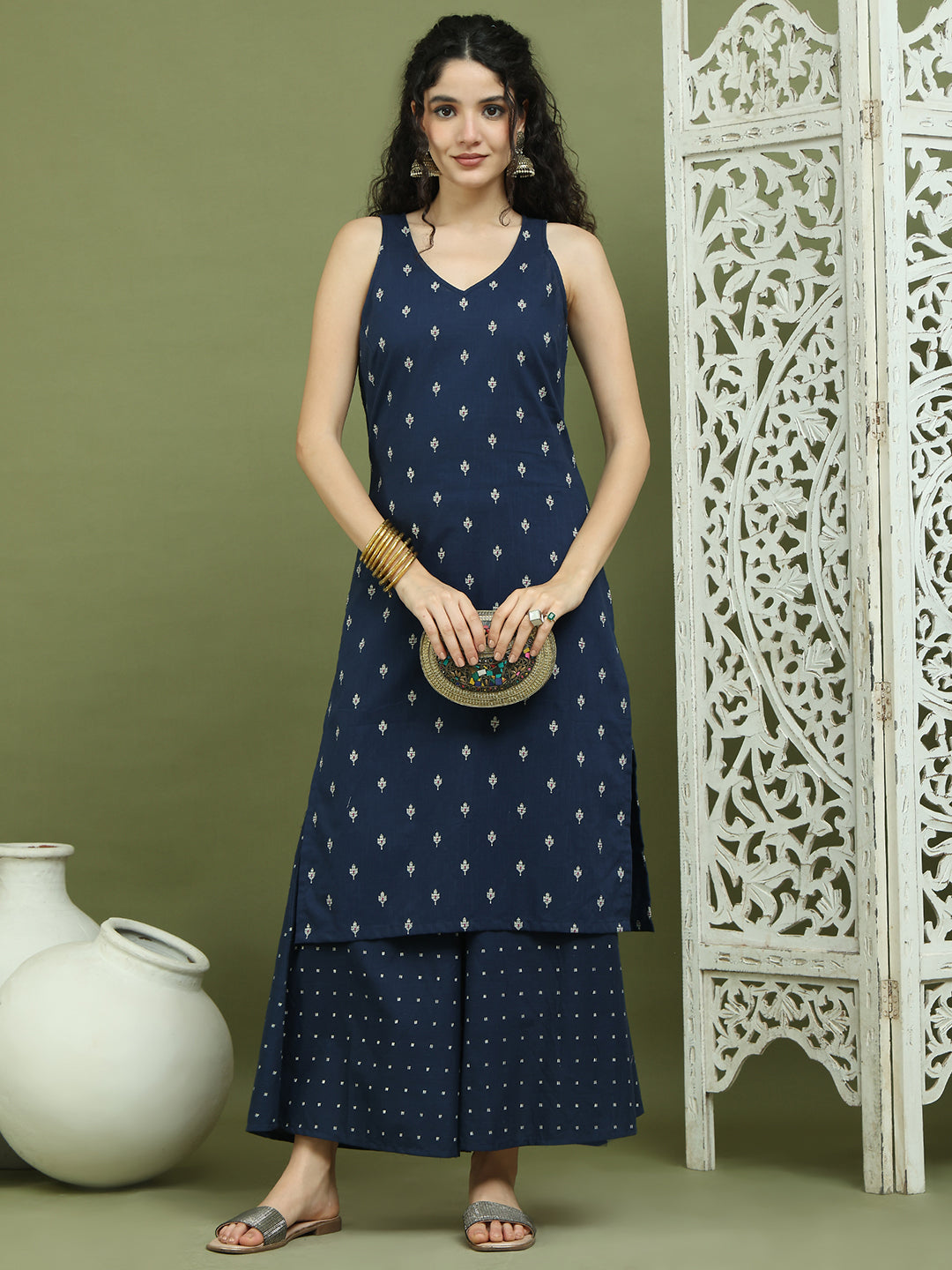 Printed Cotton Kurta Palazzo Set ( JOKPL 2138N 1585 Navy )