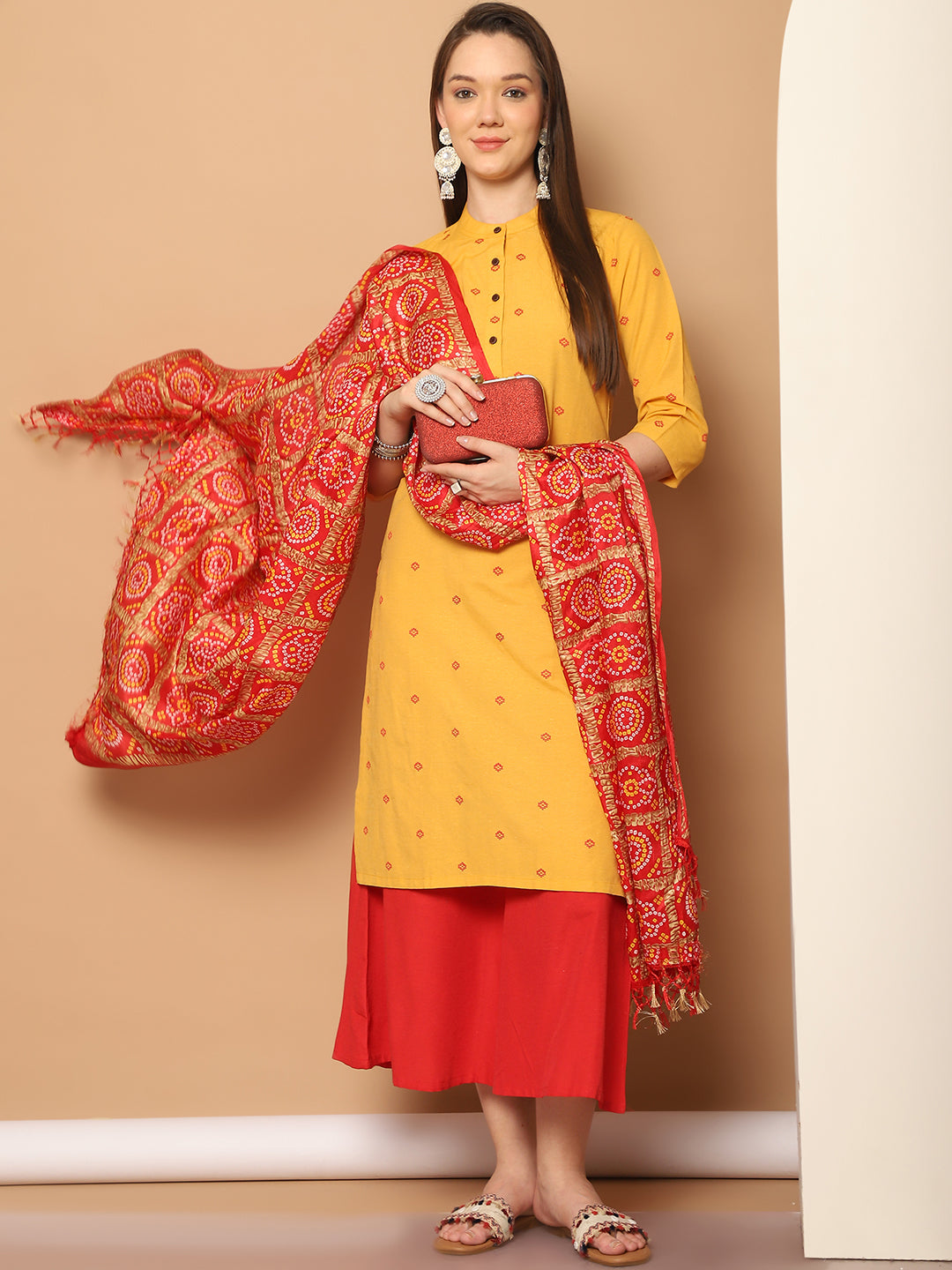 Women Woven Design Kurta with Palazzos & With Dupatta ( JOKPL D37R 1555 Yellow )