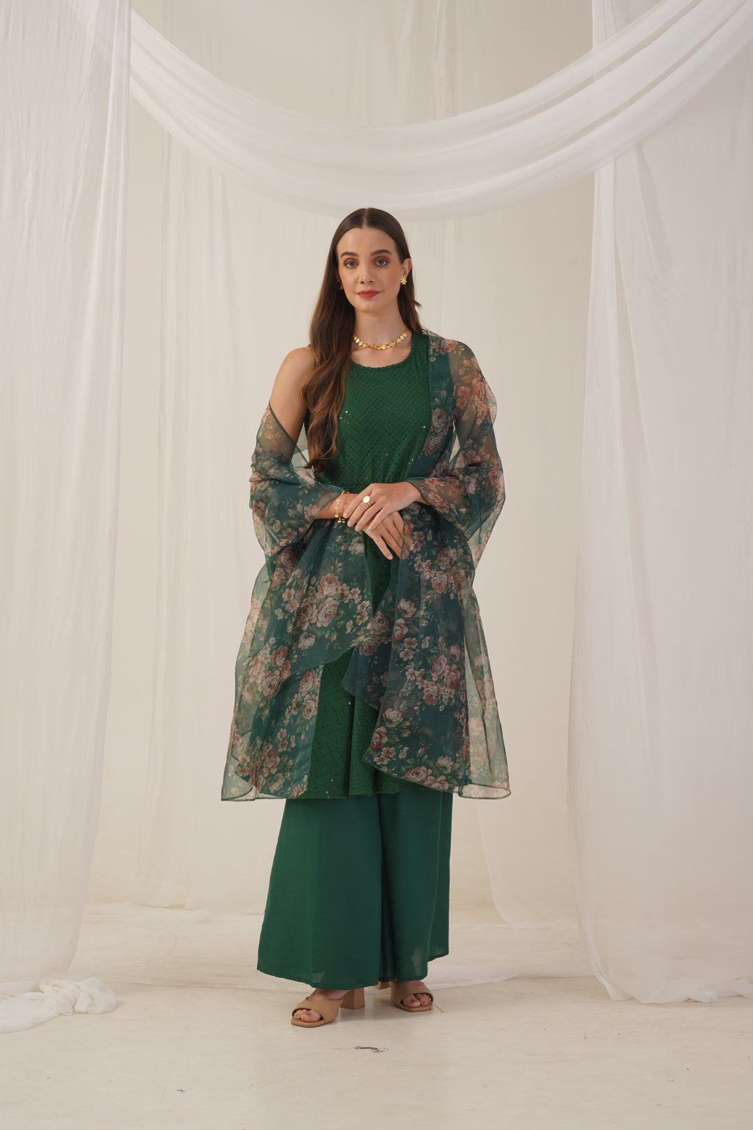 Women Embroidered Sequinned Kurta & Palazzos With Dupatta