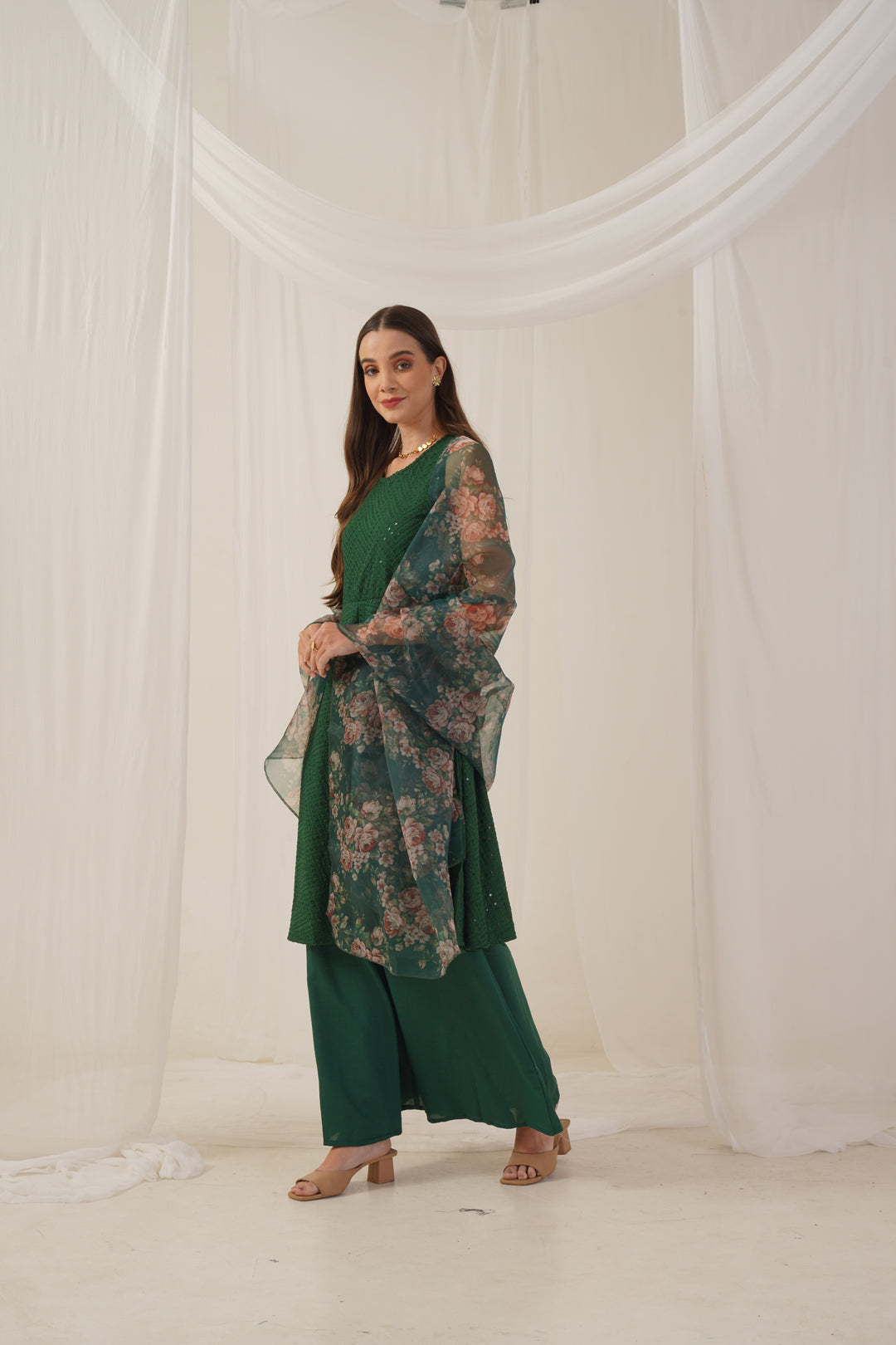 Women Embroidered Sequinned Kurta & Palazzos With Dupatta