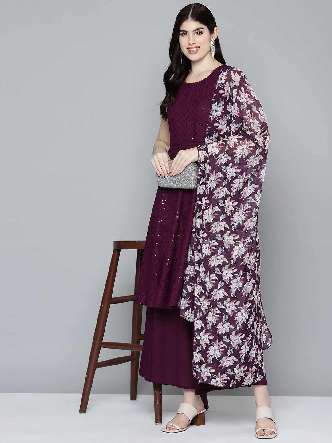 Women Embroidered Sequinned Kurta & Palazzos With Dupatta